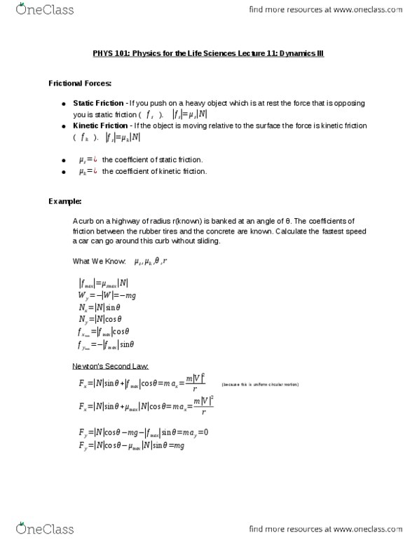 PHYS 101 Lecture Notes - Lecture 11: Circular Motion, Friction, Heavy Object thumbnail