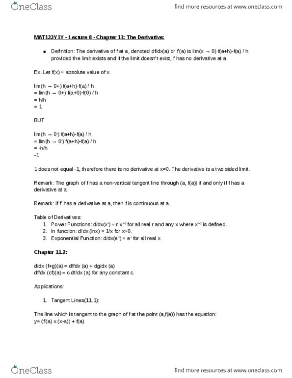 MAT133Y1 Lecture Notes - Lecture 8: Product Rule, Quotient Rule, Dependent And Independent Variables thumbnail
