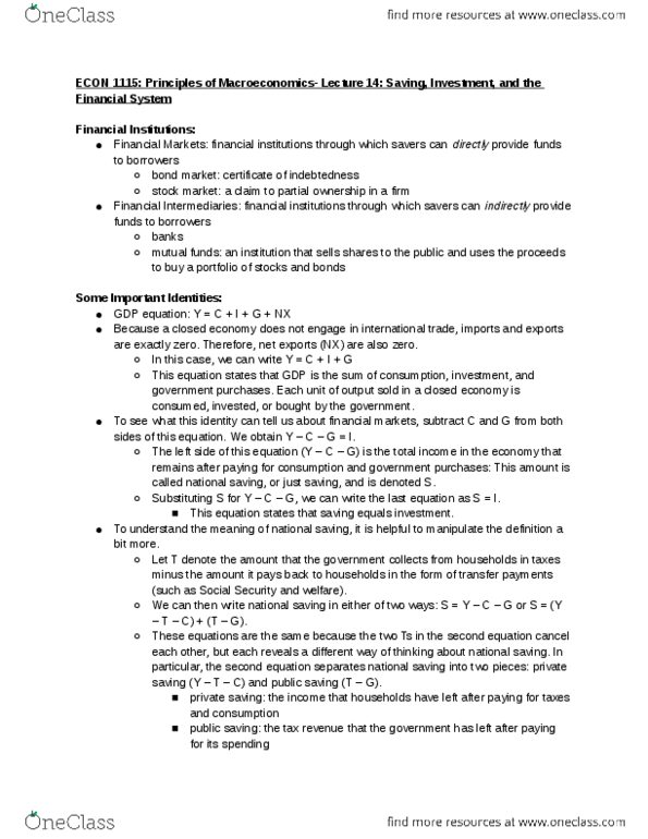ECON 1115 Lecture Notes - Lecture 14: Longrun, Loanable Funds, Mutual Fund thumbnail