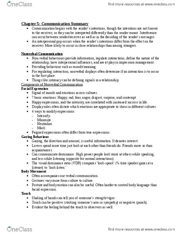 PSY424H1 Chapter Notes - Chapter 5: Social Penetration Theory, Laziness, Nonverbal Communication thumbnail