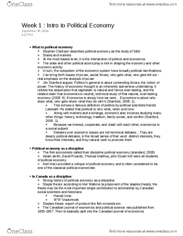 POLS 3125 Lecture Notes - Lecture 1: Economic Globalization, Harold Lasswell, Staples Thesis thumbnail