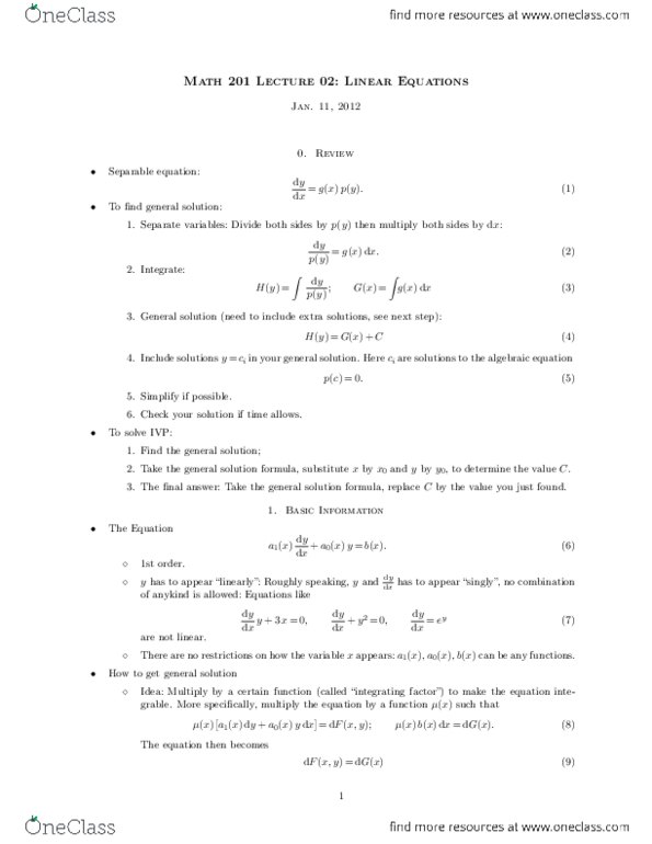 MATH201 Lecture Notes - Lecture 2: Integrating Factor, Linear Combination, Algebraic Equation thumbnail