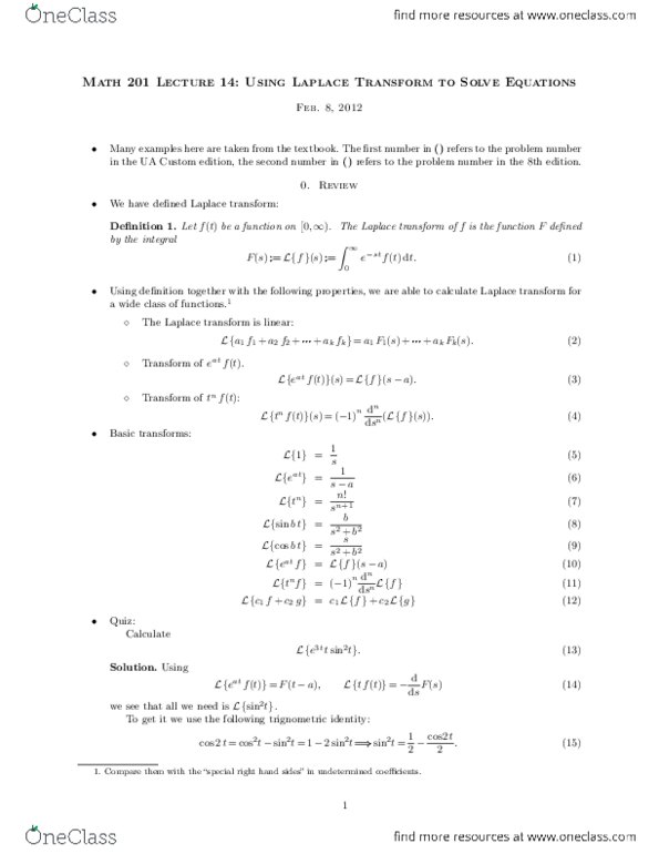 MATH201 Lecture 14: 14. Using Laplace Transform to Solve Equations.pdf thumbnail