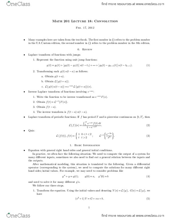 MATH201 Lecture Notes - Lecture 18: Partial Fraction Decomposition, Convolution Theorem, Convolution thumbnail
