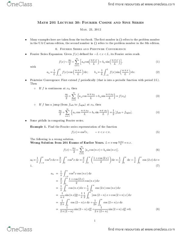 MATH201 Lecture Notes - Lecture 28: Pointwise Convergence, Fourier Series, Scilab thumbnail