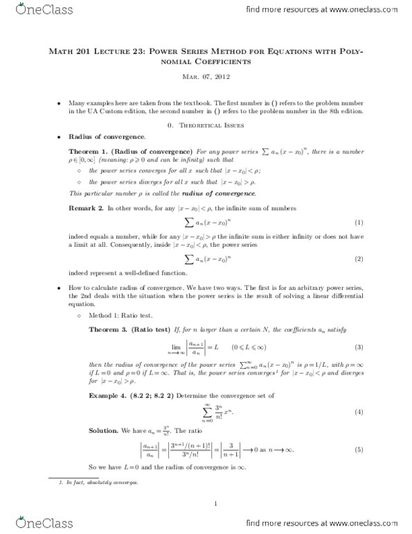 MATH201 Lecture Notes - Lecture 21: Ansatz, Taylor Series, Absolute Convergence thumbnail