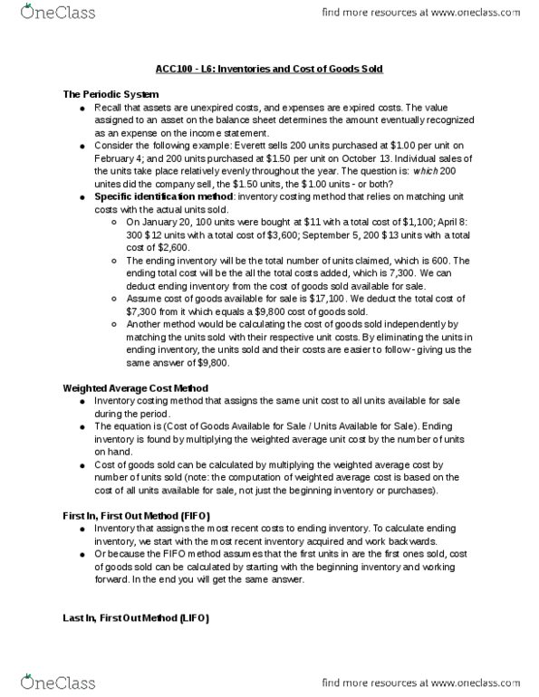 ACC 100 Lecture Notes - Lecture 6: Gross Margin, Fifo (Computing And Electronics), Weighted Arithmetic Mean thumbnail