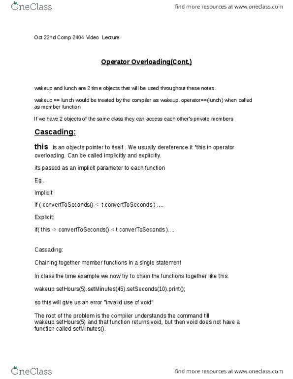 COMP 2404 Lecture Notes - Lecture 2: Operator Overloading, Operand, Video Lesson thumbnail
