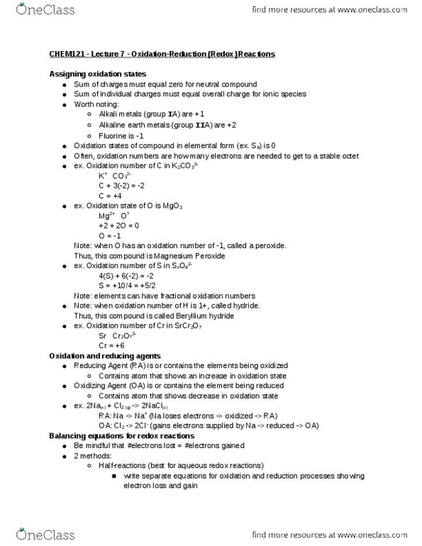 CHEM 121 Lecture Notes - Lecture 7: Beryllium Hydride, Oxidation State, Alkali Metal thumbnail