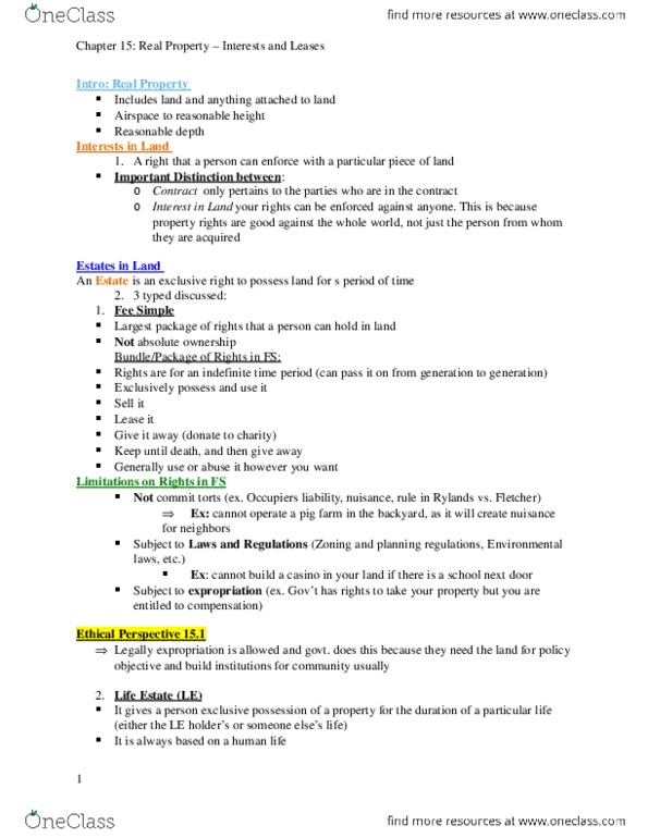 LAW 603 Chapter Notes - Chapter 15: Easement, Lease, Blackacre thumbnail