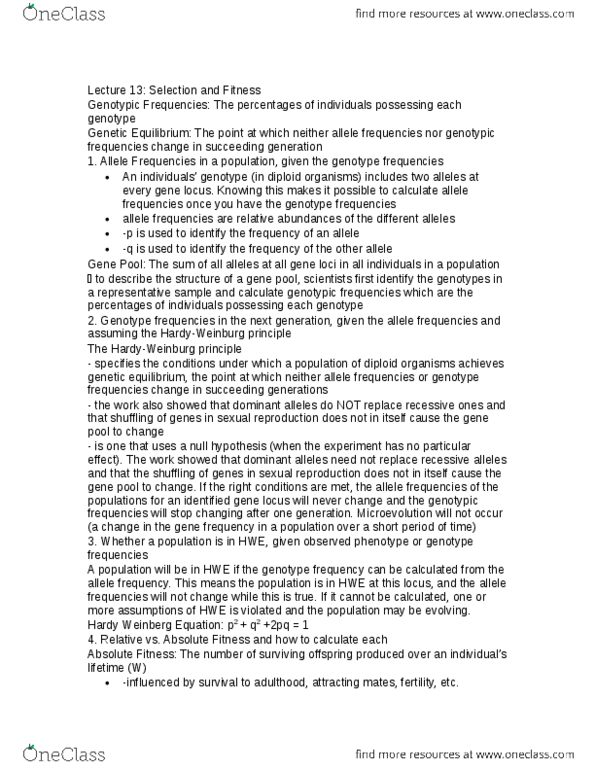 Biology 1001A Lecture Notes - Lecture 13: Zygosity, Heterozygote Advantage, Balancing Selection thumbnail