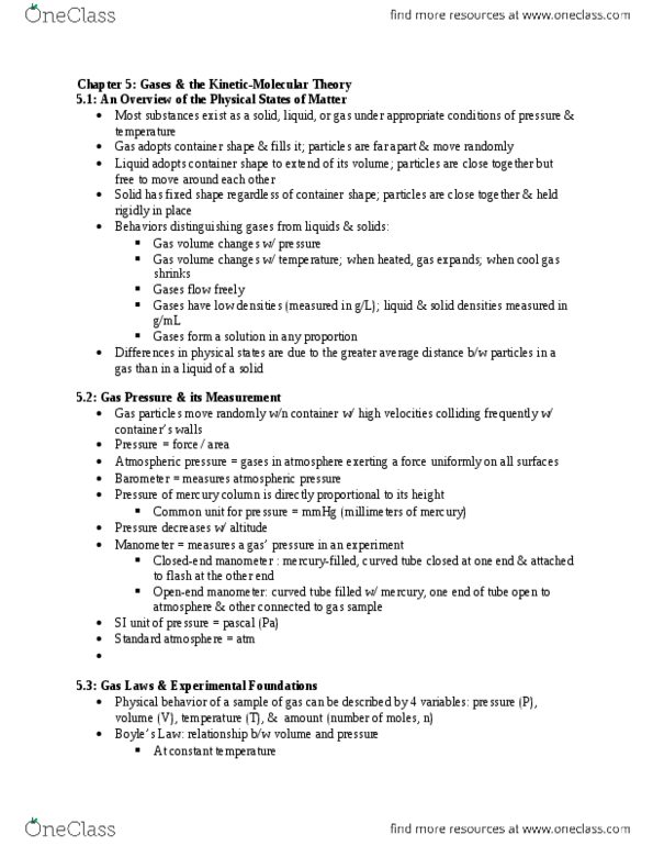 CHEM-UA 125 Chapter Notes - Chapter 5: Ideal Gas, Mole Fraction, Ideal Gas Law thumbnail