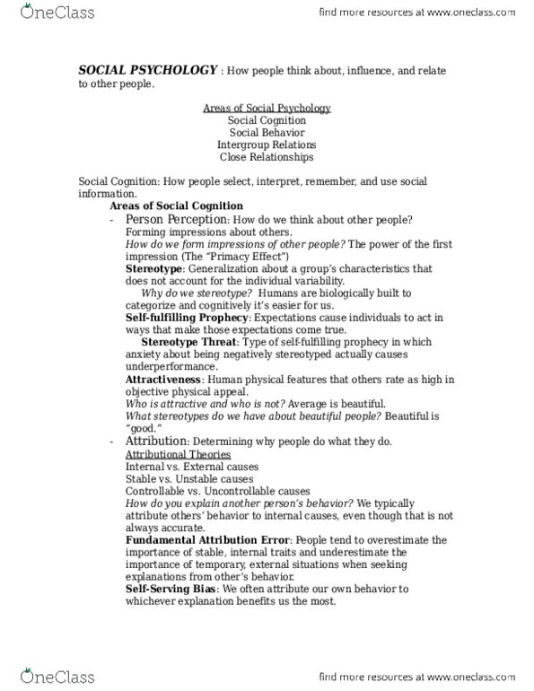 PSYC 11762 Lecture Notes - Lecture 13: Fundamental Attribution Error, Social Comparison Theory, Social Influence thumbnail