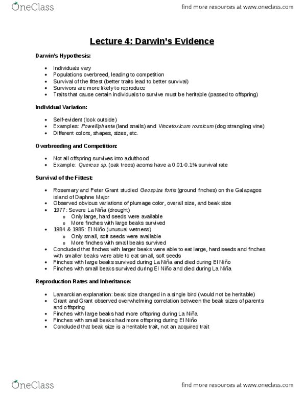 BIO 200 Lecture Notes - Lecture 4: Medium Ground Finch, Vincetoxicum, Powelliphanta thumbnail