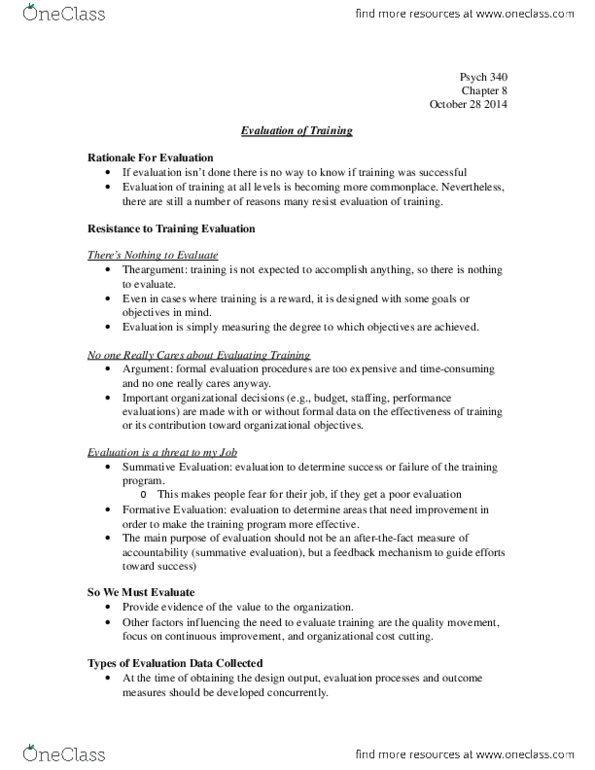 PSYCH340 Chapter 8: Evaluation of Training. thumbnail
