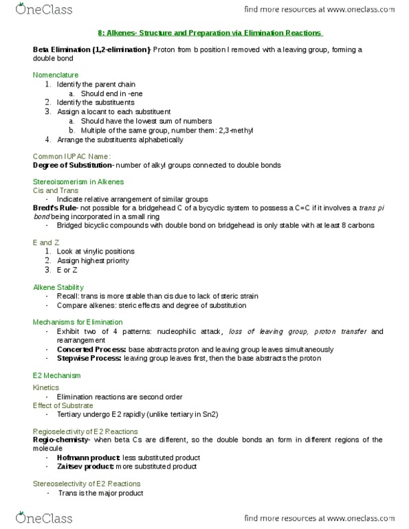 CHEM 2OA3 Chapter Notes - Chapter 8: Van Der Waals Strain, Stereoselectivity, Hofmann Elimination thumbnail