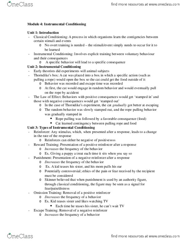 PSYCH 1X03 Chapter Notes - Chapter 4: Reinforcement thumbnail