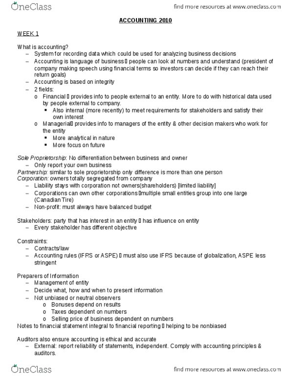 ACTG 2010 Lecture Notes - Lecture 1: Sole Proprietorship, Canadian Tire, Financial Statement thumbnail