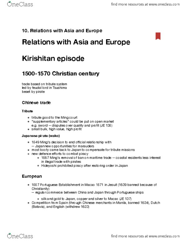 HISTORY 14 Lecture Notes - Lecture 10: Red Seal Ships, Kirishitan, Dejima thumbnail