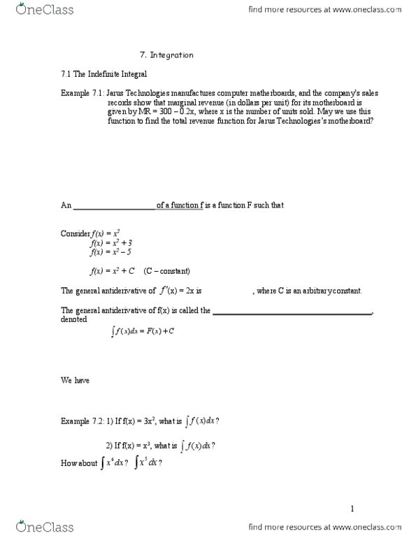 MATA32H3 Lecture Notes - Lecture 7: 4Dx, Marginal Revenue, Power Rule thumbnail