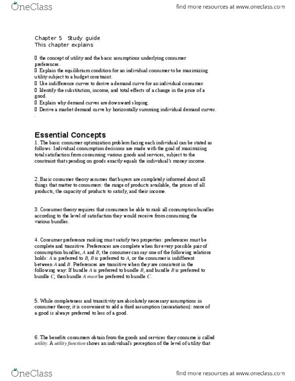 ECON 3411 Chapter Notes - Chapter 5: Consumer Choice, Indifference Curve, Demand Curve thumbnail