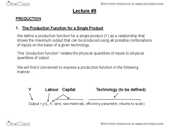 ECON201 Lecture Notes - Lecture 9: Diminishing Returns, Production Function, Marginal Product thumbnail