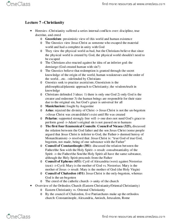 RELG 207 Lecture Notes - Lecture 7: Monarchianism, Filioque, Gnosticism thumbnail
