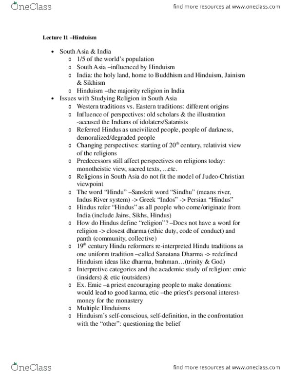 RELG 207 Lecture Notes - Lecture 11: Upanishads, Vedas, Rigveda thumbnail