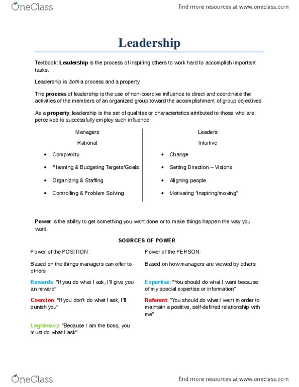 MKT 100 Chapter Notes - Chapter 11: Situational Leadership Theory, Trait Theory, Transactional Leadership thumbnail