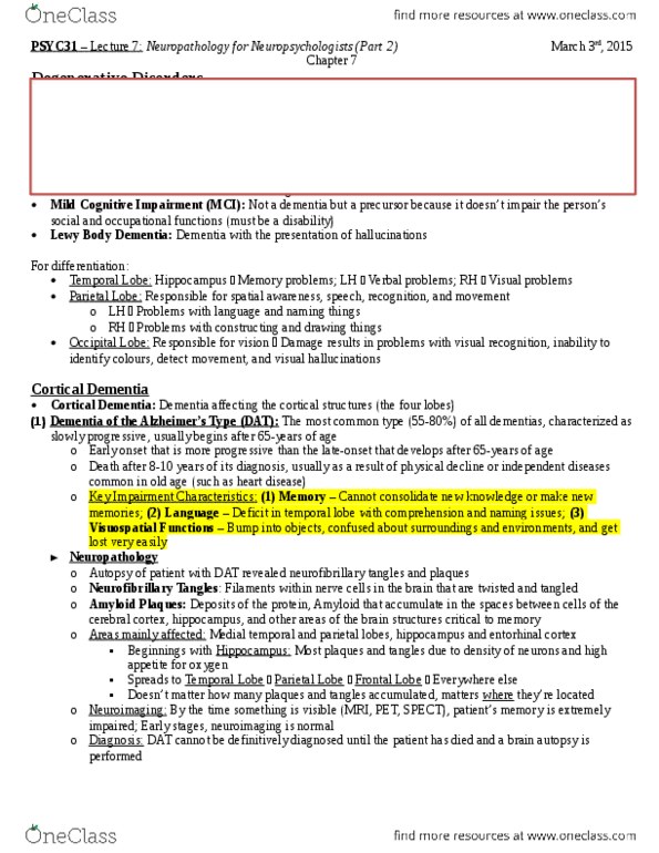 PSYC31H3 Lecture Notes - Lecture 7: Temporal Lobe, Neurofibrillary Tangle, Paraphasia thumbnail