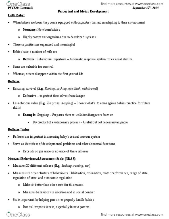 PSYB32H3 Chapter Notes - Chapter 3: Eye Movement, Habituation, New Born thumbnail