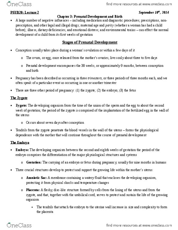 PSYB32H3 Chapter Notes - Chapter 3: Sudden Infant Death Syndrome, Gestational Age, Prenatal Development thumbnail