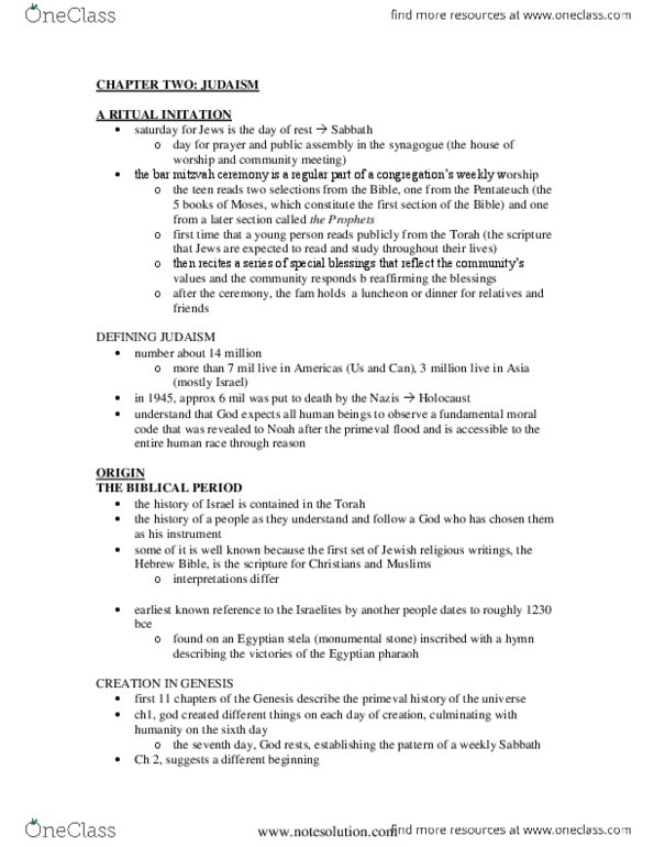 RLG100Y1 Chapter 2: Study Guide Chapter 2 -Judaism thumbnail