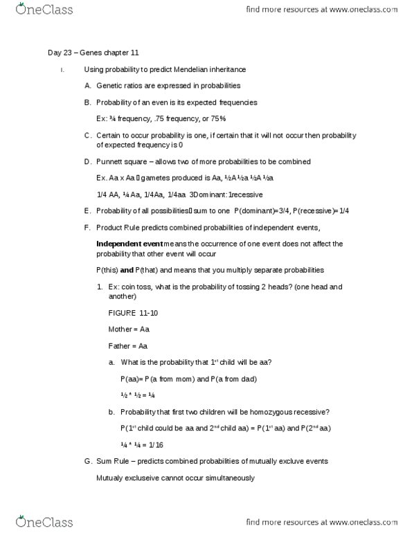 01:119:100 Lecture Notes - Lecture 24: Mendelian Inheritance, Punnett Square, Dihybrid Cross thumbnail