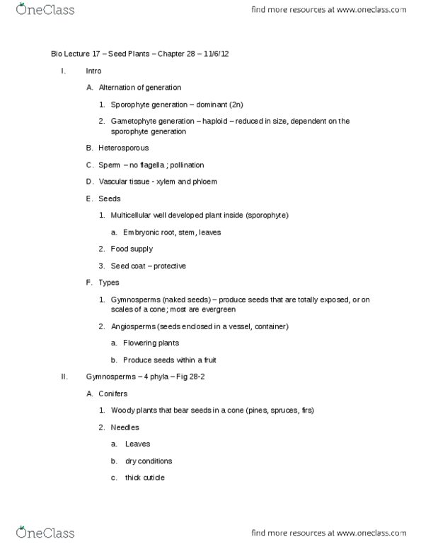 01:119:101 Lecture Notes - Lecture 17: Conifer Cone, Pollen Tube, Sporophyll thumbnail