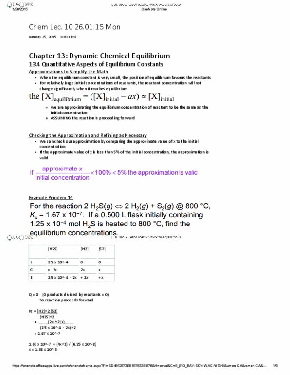 CHMA11H3 Lecture 10: Chem Lec. 10 Chapter 13 - Dynamic Chemical Equilibrium 26.01.15 Mon thumbnail