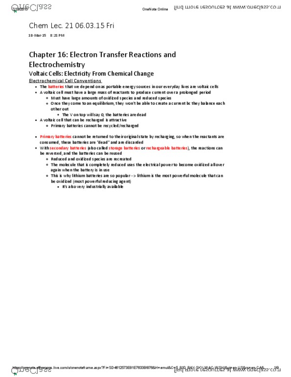 CHMA11H3 Lecture Notes - Lecture 21: Electrochemistry thumbnail