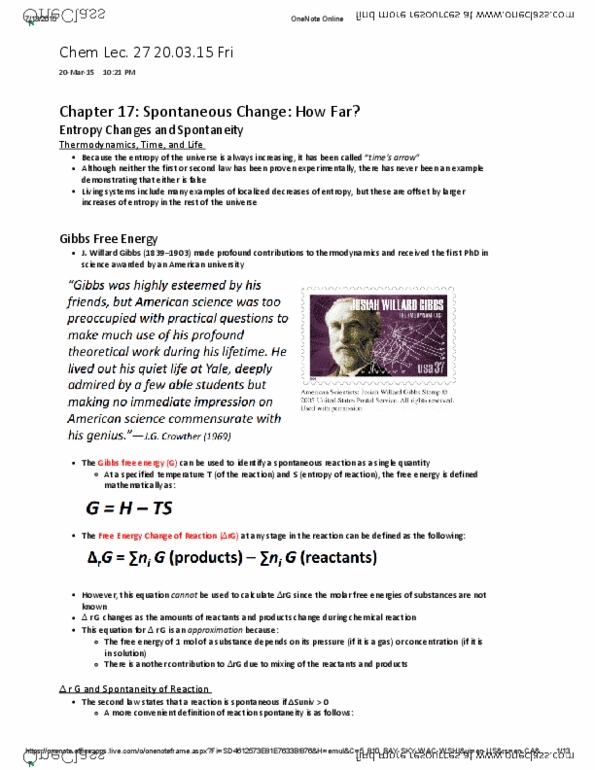 CHMA11H3 Lecture 27: Chem Lec. 27 Chapter 17 - Spontaneous Change - How Far 20.03.15 Mon thumbnail