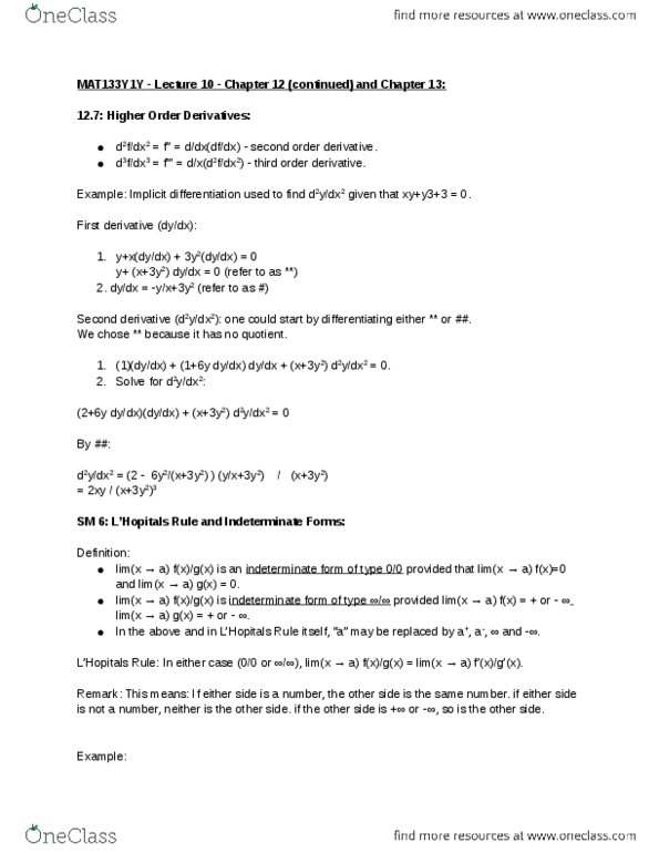 MAT133Y1 Lecture Notes - Lecture 10: Indeterminate Form, Exponential Type, Implicit Function thumbnail