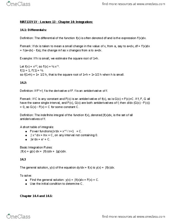 MAT133Y1 Lecture Notes - Lecture 13: Antiderivative thumbnail