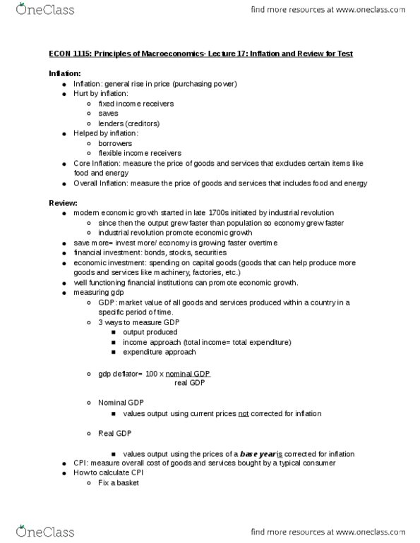 ECON 1115 Lecture Notes - Lecture 17: Gdp Deflator, Industrial Revolution, Income Approach thumbnail