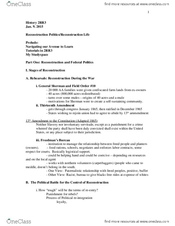 HISTORY 2RR3 Lecture Notes - Lecture 2: Memphis Riots Of 1866, Fourteenth Amendment To The United States Constitution, Reconstruction Acts thumbnail