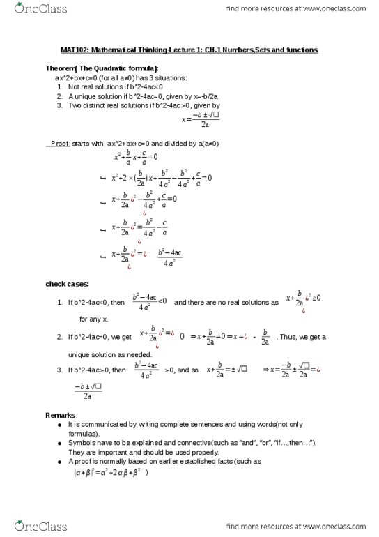 MAT102H5 Lecture Notes - Lecture 1: Quadratic Formula thumbnail