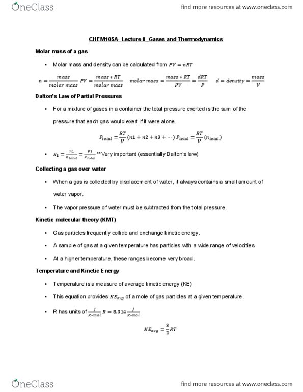 CHEM 105aLg Lecture Notes - Lecture 8: Kinetic Theory Of Gases, Ideal Gas Law, Molar Mass thumbnail