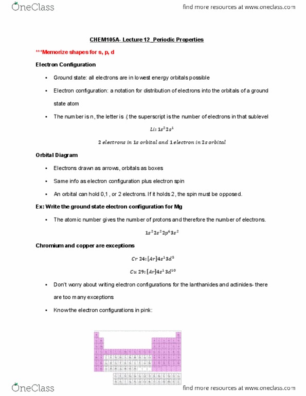CHEM 105aLg Lecture Notes - Lecture 12: Pauli Exclusion Principle, Electron Configuration, Atomic Number thumbnail