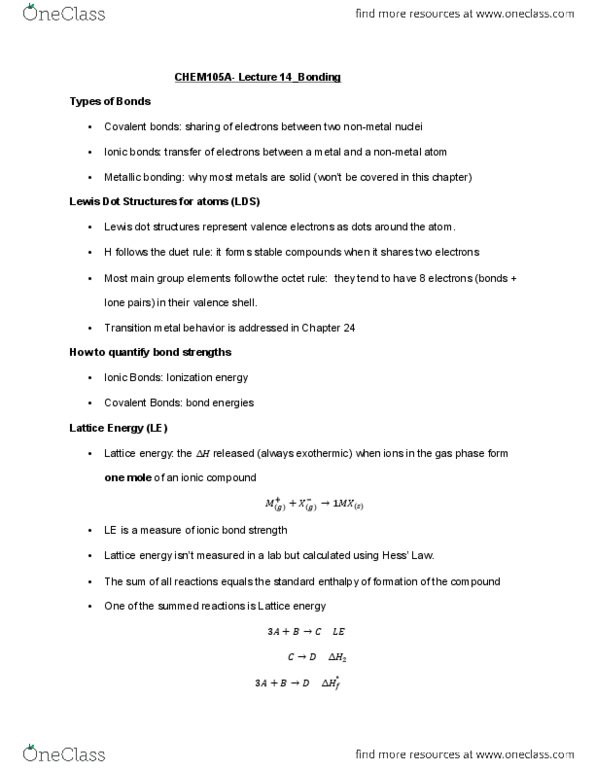CHEM 105aLg Lecture Notes - Lecture 14: Lewis Structure, Lattice Energy, Ionic Compound thumbnail