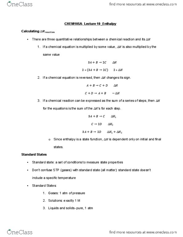 CHEM 105aLg Lecture Notes - Lecture 10: Chemical Equation, Joule, Calorimetry thumbnail