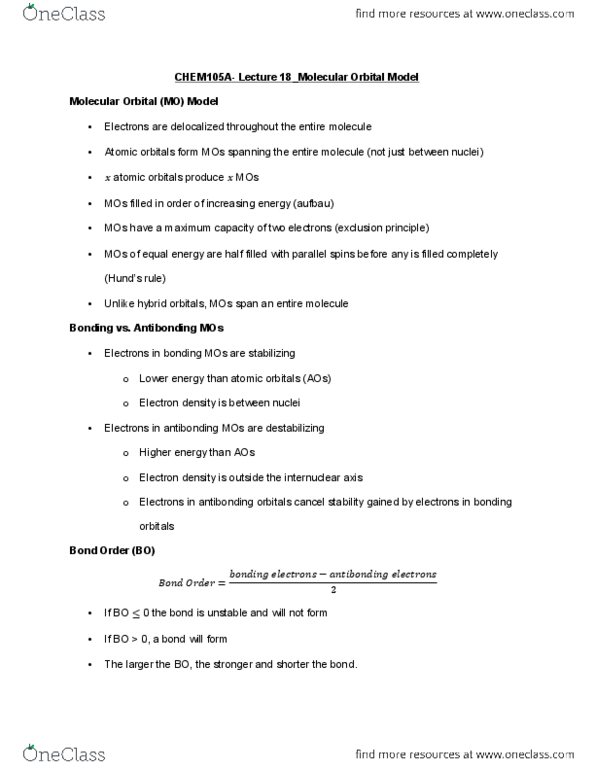 CHEM 105aLg Lecture Notes - Lecture 18: Unpaired Electron, Antibonding Molecular Orbital, Intermolecular Force thumbnail