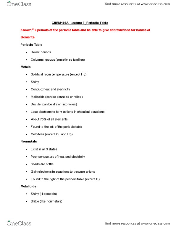 CHEM 105aLg Lecture Notes - Lecture 2: Mass Number, Atomic Number thumbnail