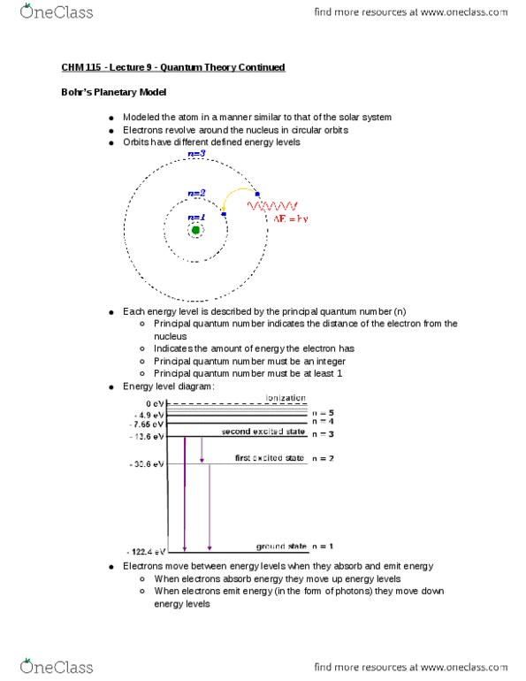 CHM 11500 Lecture Notes - Lecture 9: Principal Quantum Number, Energy Level, Magnetic Quantum Number thumbnail